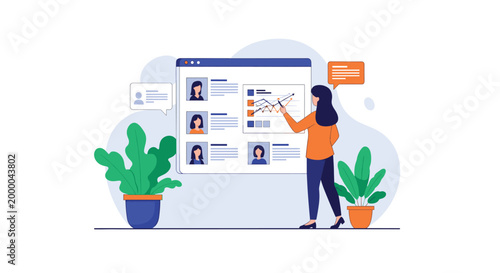 Professional woman analyzing diverse data charts and candidate profiles on a large digital screen for human resources and recruitment purposes.