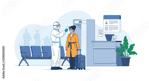 Medical professional in protective gear checking woman temperature at an airport security checkpoint during health screening process for safety.