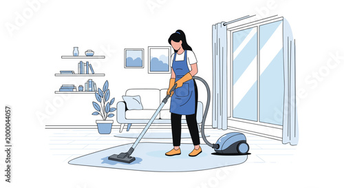 Housekeeper cleaning a living room carpet with a vacuum cleaner to showcase professional home maintenance and domestic cleaning services today.