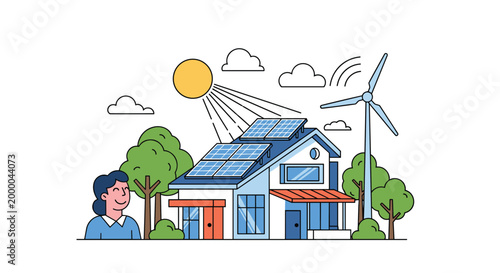 Woman standing in front of an eco friendly house powered by solar panels and a wind turbine to promote renewable energy solutions for the future.
