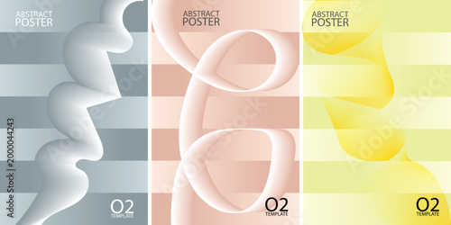 Abstract poster templates with colorful striped backgrounds and wavy shapes in blue, pink, and yellow hues for design and branding purposes