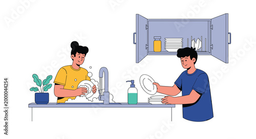 Happy couple washing and drying ceramic dishes together in a modern kitchen to illustrate teamwork and shared domestic responsibilities at home.