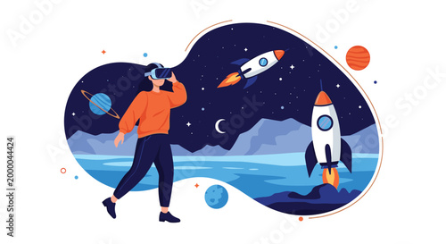 Woman wearing a virtual reality headset and exploring a digital space scene with rockets and planets in an immersive gaming world environment.