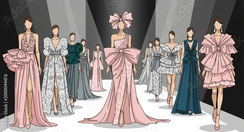 Fashion Show Runway Models Displaying Designer Dresses.