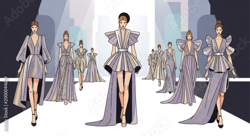 Fashion show runway models displaying haute couture gowns.