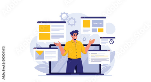 Man managing various digital content windows on a laptop screen symbolizing multi tasking and efficient professional information handling today.