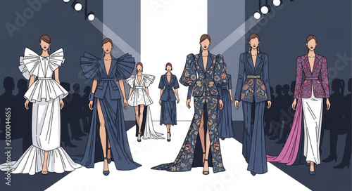 Fashion show runway models displaying haute couture gowns and suits.