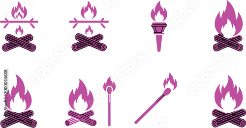 A set of purple and black stylized icons featuring campfires, burning torches, and lit matches representing fire, heat, and outdoor camping adventures.