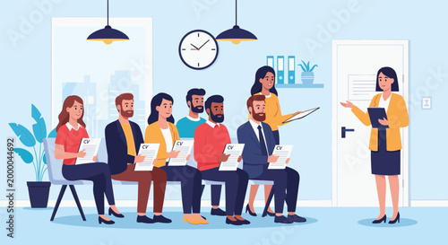 Group of candidates sitting in a waiting room with their resumes while waiting for a job interview with a professional human resources manager team.