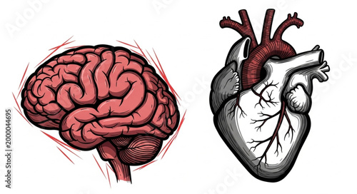 Human Brain and Heart Anatomy Illustration.