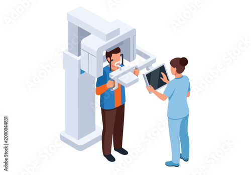 A male patient undergoes a panoramic dental X-ray scan while a female technician in blue scrubs safely operates the advanced 3D diagnostic scanning equipment using a digital tablet in a modern clinic