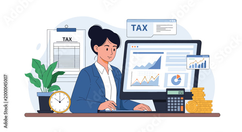 Businesswoman working on tax calculations and financial reports on a computer at her desk with various documents and a digital calculator tool.