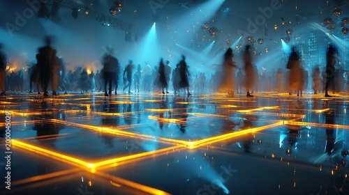 Vibrant LED Dance Floor Experience, glowing geometric patterns, dynamic movement, immersive nightlife atmosphere, abstract cinematic, tech art installation in a minimalist setting