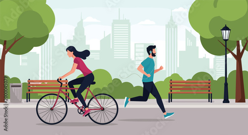 People exercising in a city park with one person riding a bicycle and another running against a backdrop of modern urban skyscraper buildings.