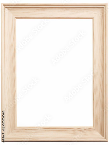 Vertical light wood picture frame mockup with a blank white center. Simple classic light oak border with natural grain texture
