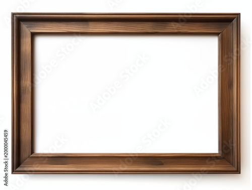 Horizontal wooden picture frame mockup with a blank white center. Simple classic dark wood border with natural grain texture