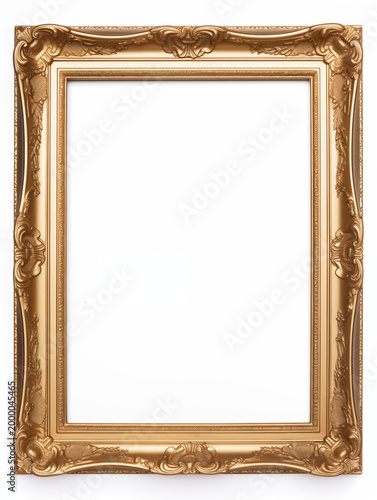 Antique ornate golden picture frame mockup with a blank white center. Classic baroque style frame with intricate carvings and elegant details, perfect for presenting photos, art, or gallery displays.