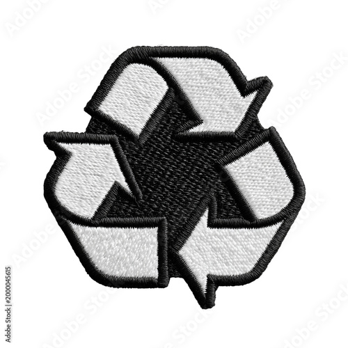 Black and White Paper Cutout of Recycling Symbol - Embroidered Patch Style Isolated on Transparent Background (PNG)