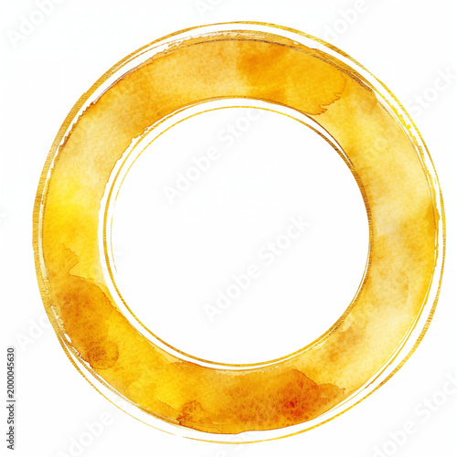 Yellow watercolor splash frame with a blank white circular center, surrounded by thin golden double rings on a white background. Abstract sunny border for logo, branding, or creative design projects.