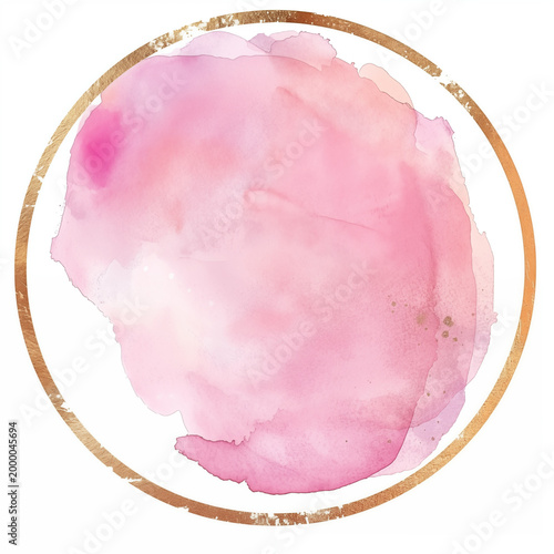 Pink watercolor splash in a golden circular frame. Abstract soft texture with gold glitter accents, perfect for feminine branding, wedding stationery, or creative social media highlight covers.