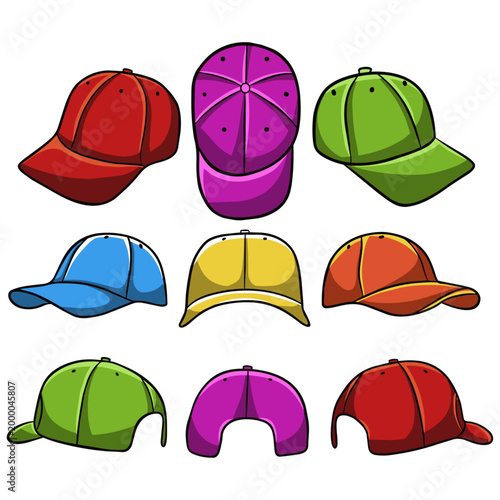 Collection of Colorful Baseball Caps in Various Perspectives