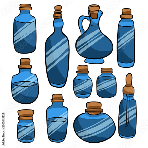 Magic Potion Bottles and Glass Containers with Blue Liquid