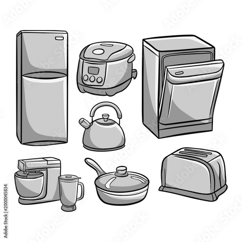 Modern Kitchen Appliances and Cookware Set Illustration