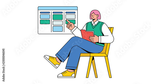 Flat Vector Illustration of Professional Woman Managing Project Tasks on Digital Dashboard