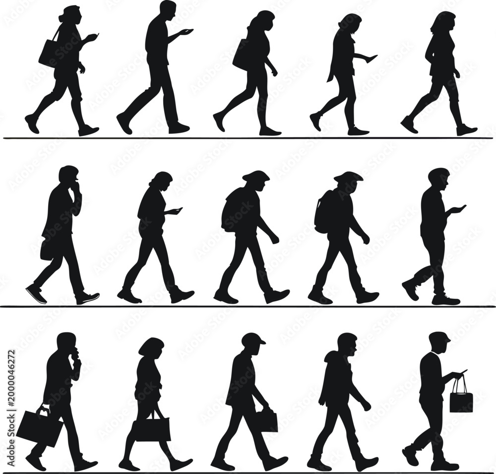 Fototapeta premium Diverse Pedestrians Walking and Using Mobile Devices Silhouettes