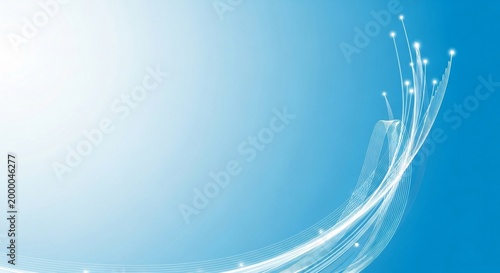 Abstract Blue Technology Background with Glowing White Fiber Optic Lines and Digital Network Waves