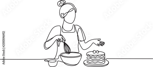 female food vlogger is giving a cake cooking tutorial. Food vlogger minimalist concept. one line art icon drawing vector