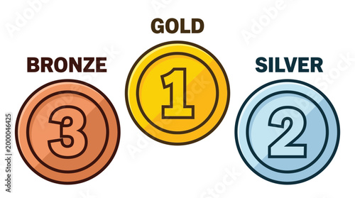 Set of Gold Silver and Bronze Ranking Medals for Competition and Success Vector Icons on White Background