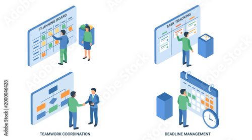 Foto Isometric illustrations of business professionals managing projects and coordinating tasks