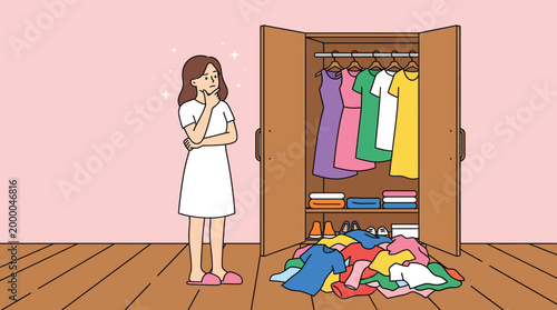 Young woman thinking what to wear in front of open wardrobe with messy clothes pile lifestyle illustration