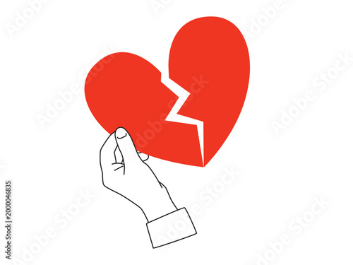 Hand holding a red broken heart - outline design element with red accent. Vector illustration isolated on a white background