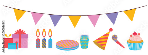Party supplies - candles, party hat, gifts, cupcake, bunting, party blowout, disposable tableware with dots. Flat vector illustration isolated on a white background