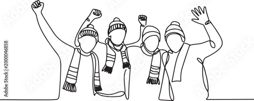 Young Men And Woman Sports Fans With Sportive Attributes Scarf, Hat And Hand Cheer Team. one line art icon drawing vector