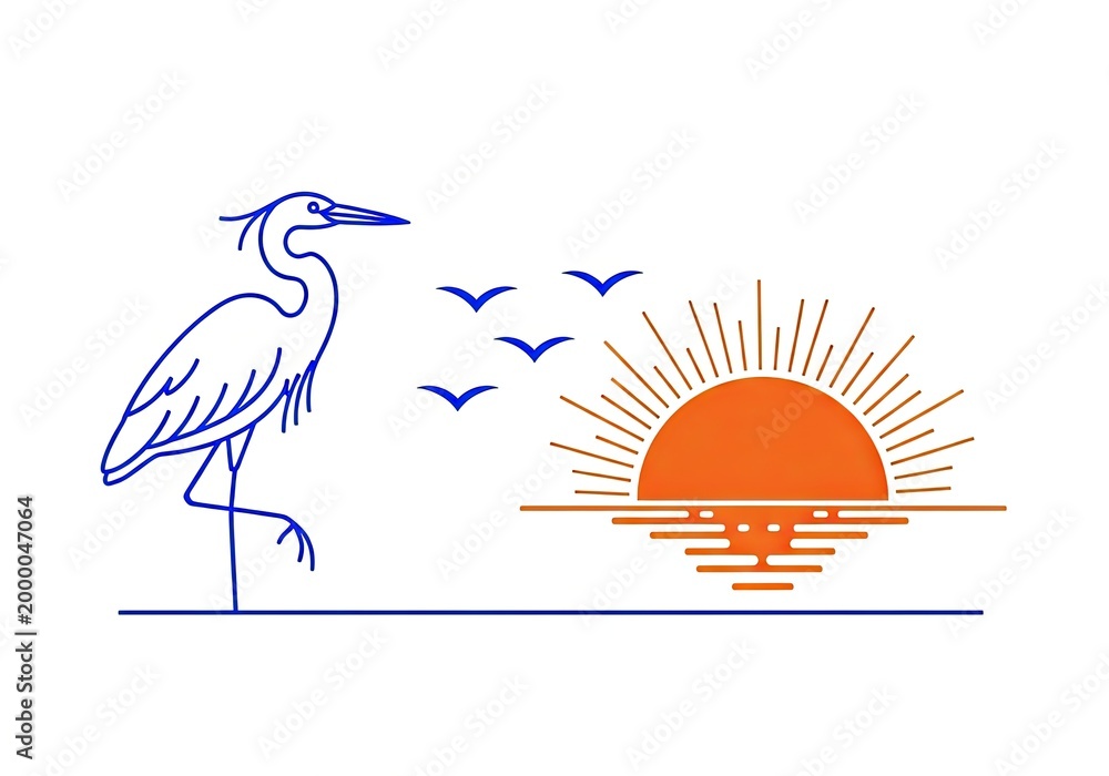 Fototapeta premium Blue heron line art with orange sunset over water
