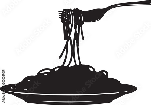 Fork Twirling Spaghetti Noodles on Plate, Black Silhouette Vector Illustration,Generative Ai