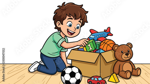 Happy Little Boy Organizing and Playing with Various Toys in a Cardboard Box Illustration for Children Education and Development