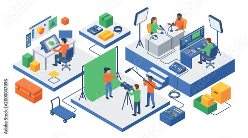 Isometric illustration of a comprehensive video production and broadcasting studio setup.