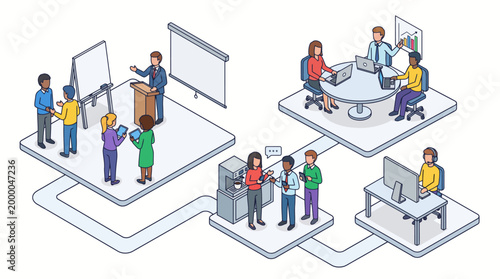 Isometric illustration of business professionals collaborating in various office settings.