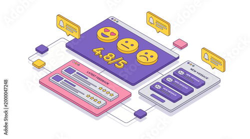 Isometric illustration of customer feedback and online review system with emojis and rating.