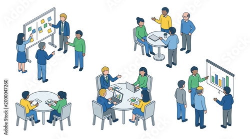 Isometric illustration of diverse business teams collaborating in various meeting settings.