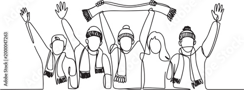 Young Men And Woman Sports Fans With Sportive Attributes Scarf, Hat And Hand Cheer Team. one line art icon drawing vector