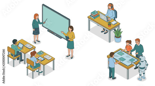 Isometric illustration of modern education and learning environments with students and teachers utilizing technology.