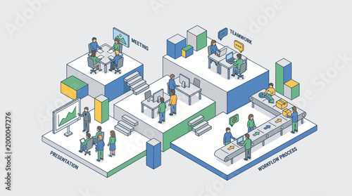 Isometric illustration of interconnected business and industrial processes.