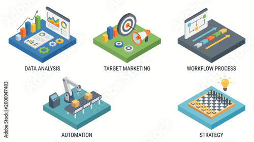 Isometric illustrations of business concepts including data analysis, target marketing, workflow process, automation, and strategy.