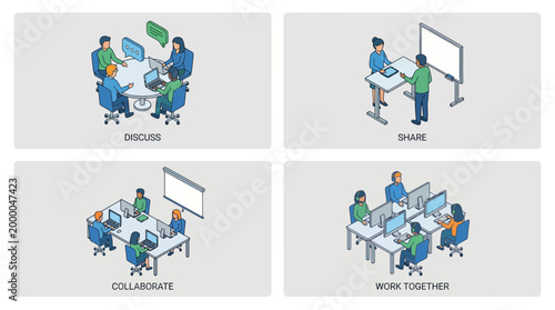 Isometric illustrations of business people collaborating and working together in various office settings.