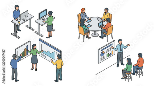 Isometric illustrations of business people working, collaborating, and presenting data in various office settings.
